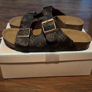 Birkenstock Arizona Double Strap Sandals in Dark Brown Monogram with LV New